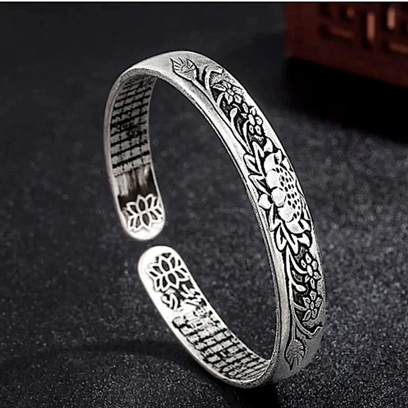 Sterling Silver Lotus Flower Bracelet, Adjustable Resizable Bangle Cuff, - Picture 2 of 5